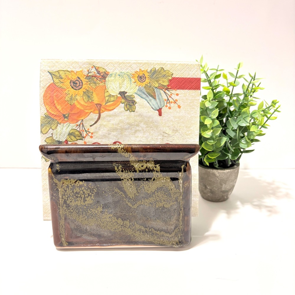 Clouds Folsom 2016 Studio Pottery Napkin Holder Brown Gold Splatter Ceramic